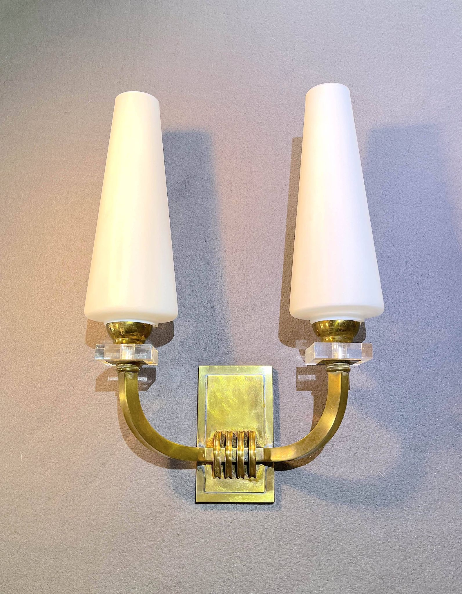 Pair of Art-Déco bronze & opaline sconces from Maison Lunel, France, 1950