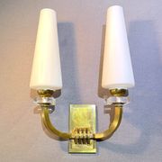 Pair of Art-Déco bronze & opaline sconces from Maison Lunel, France, 1950