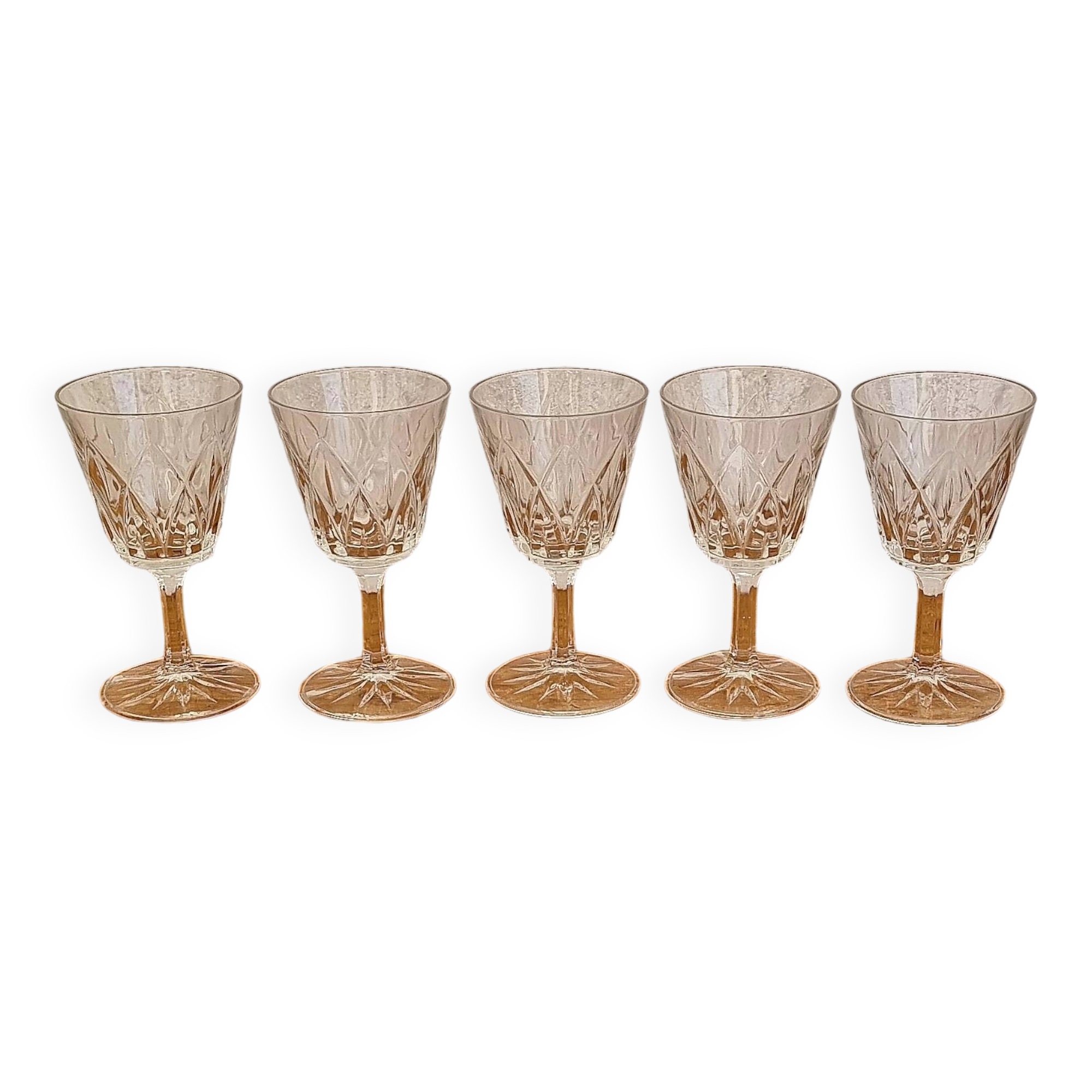 Set of 5 vintage chiseled glass wine glasses