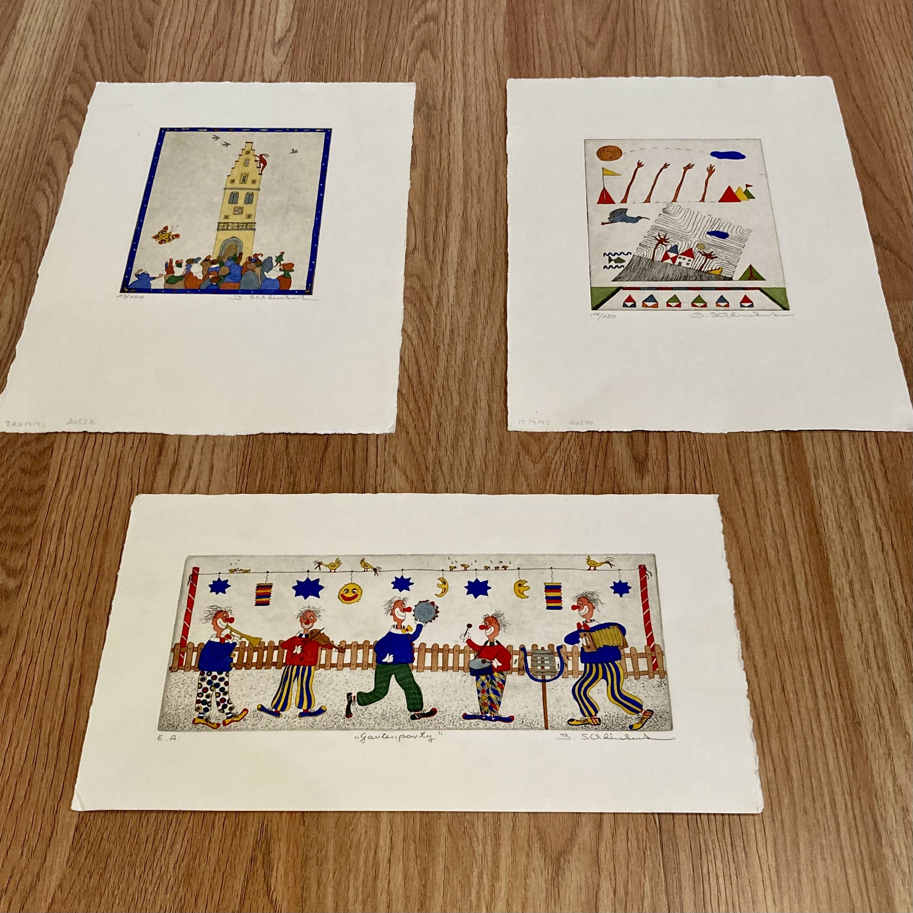 Set of three stamped drawings.