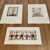 Set of three stamped drawings.