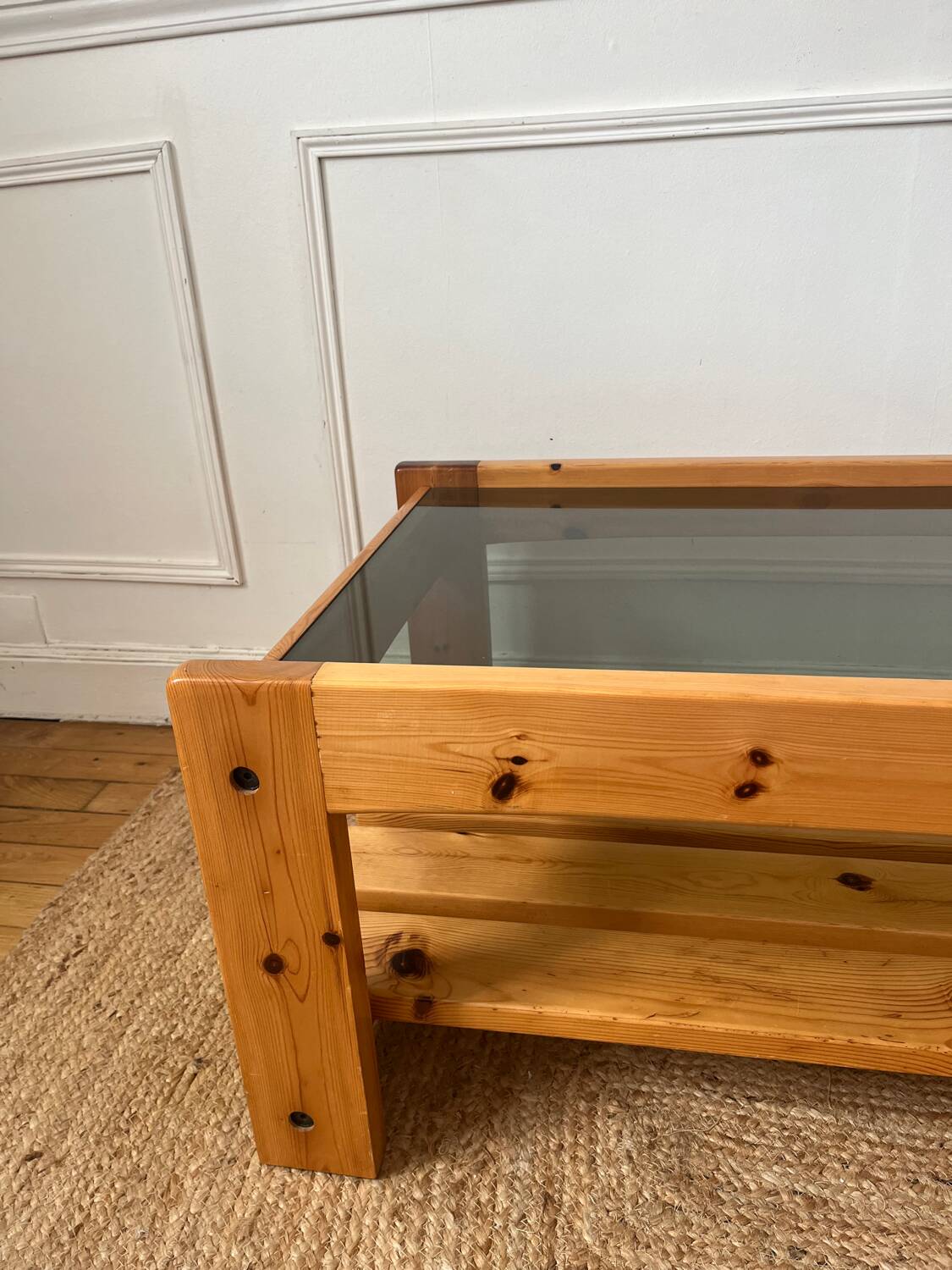 Pine and smoked glass coffee table, 70s-80s