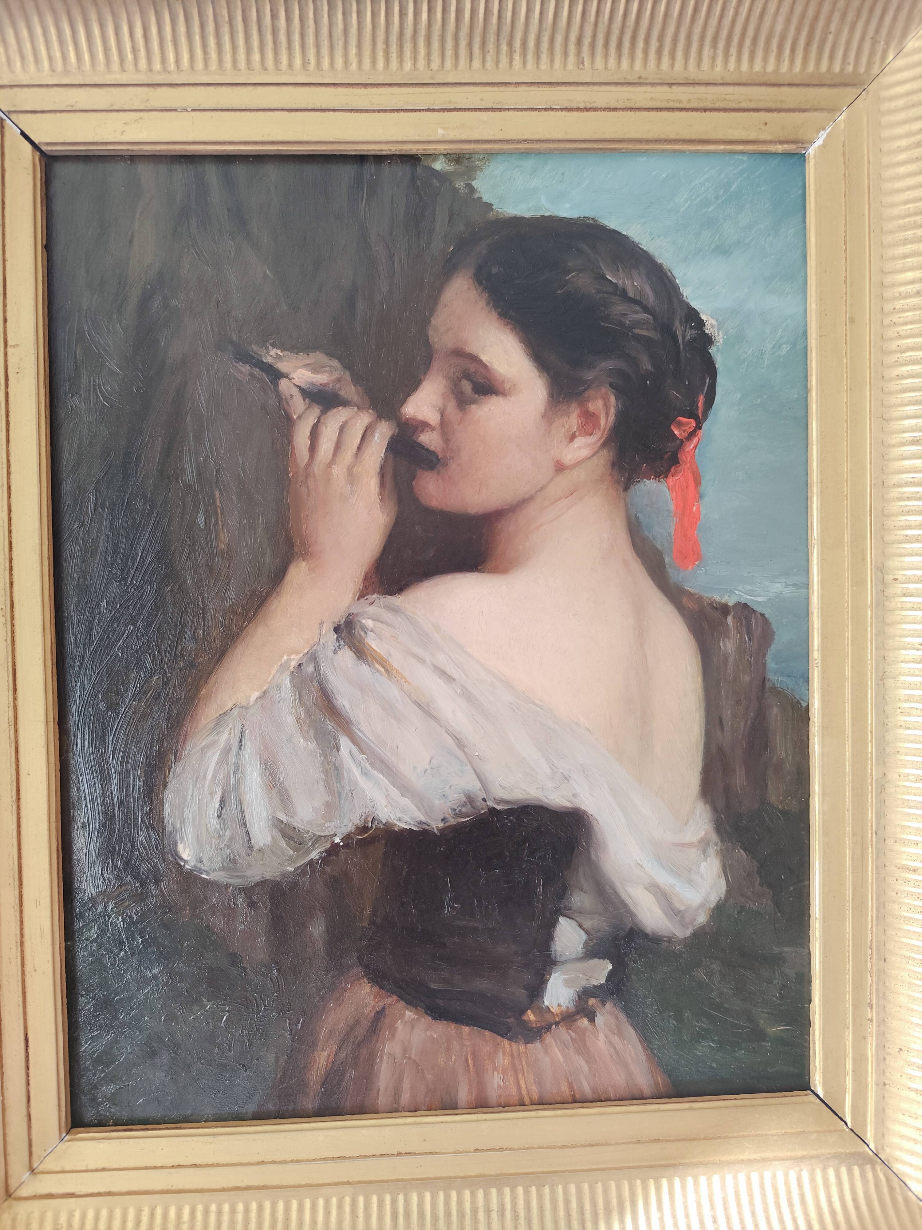 Superb oil on wood panel of a flute player by Firmin Gauthier.