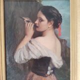 Superb oil on wood panel of a flute player by Firmin Gauthier.