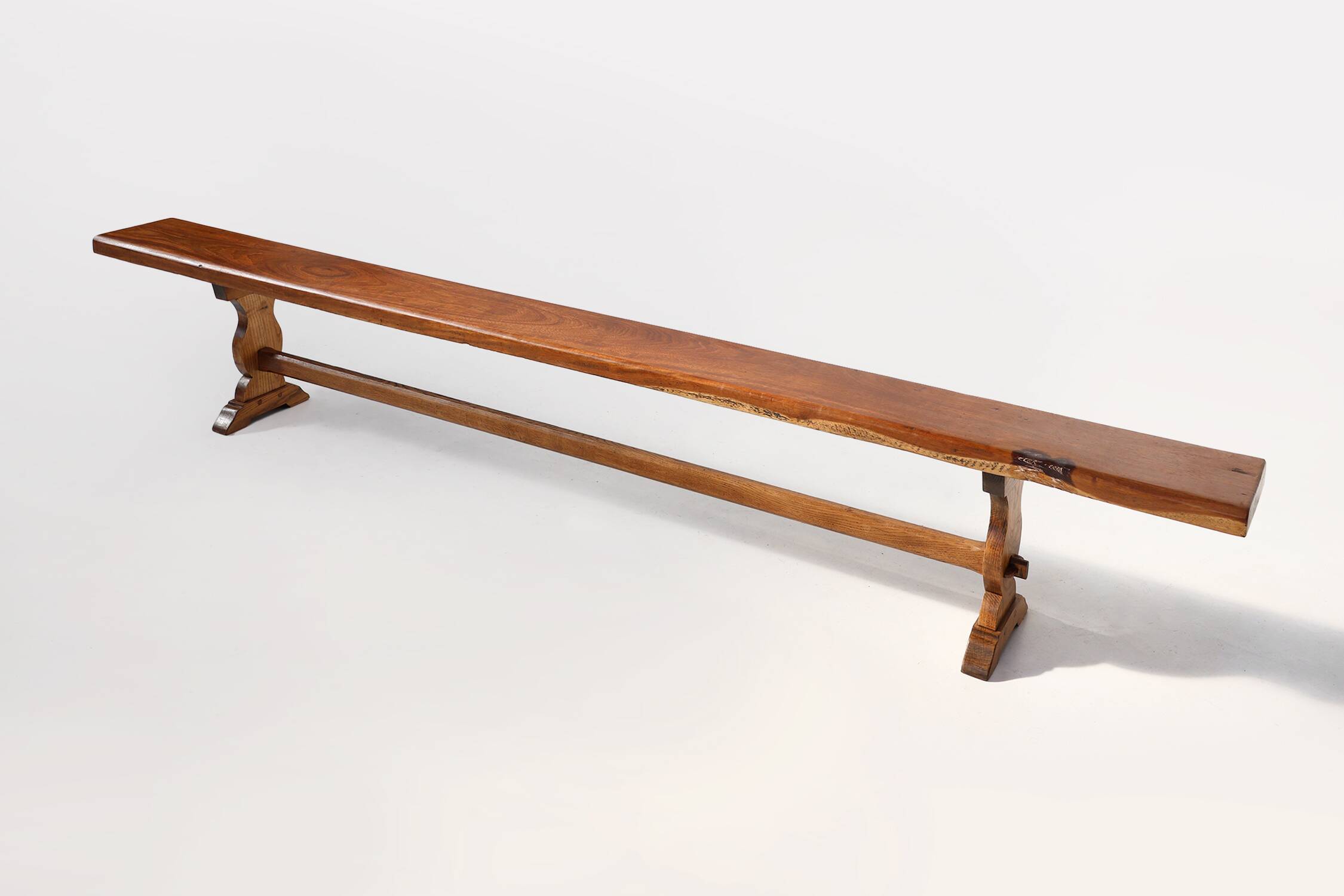 French Extra long solid elm wooden monastery bench, ca. 1850