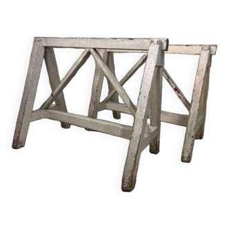 Set of 2 old brocante wooden trestles