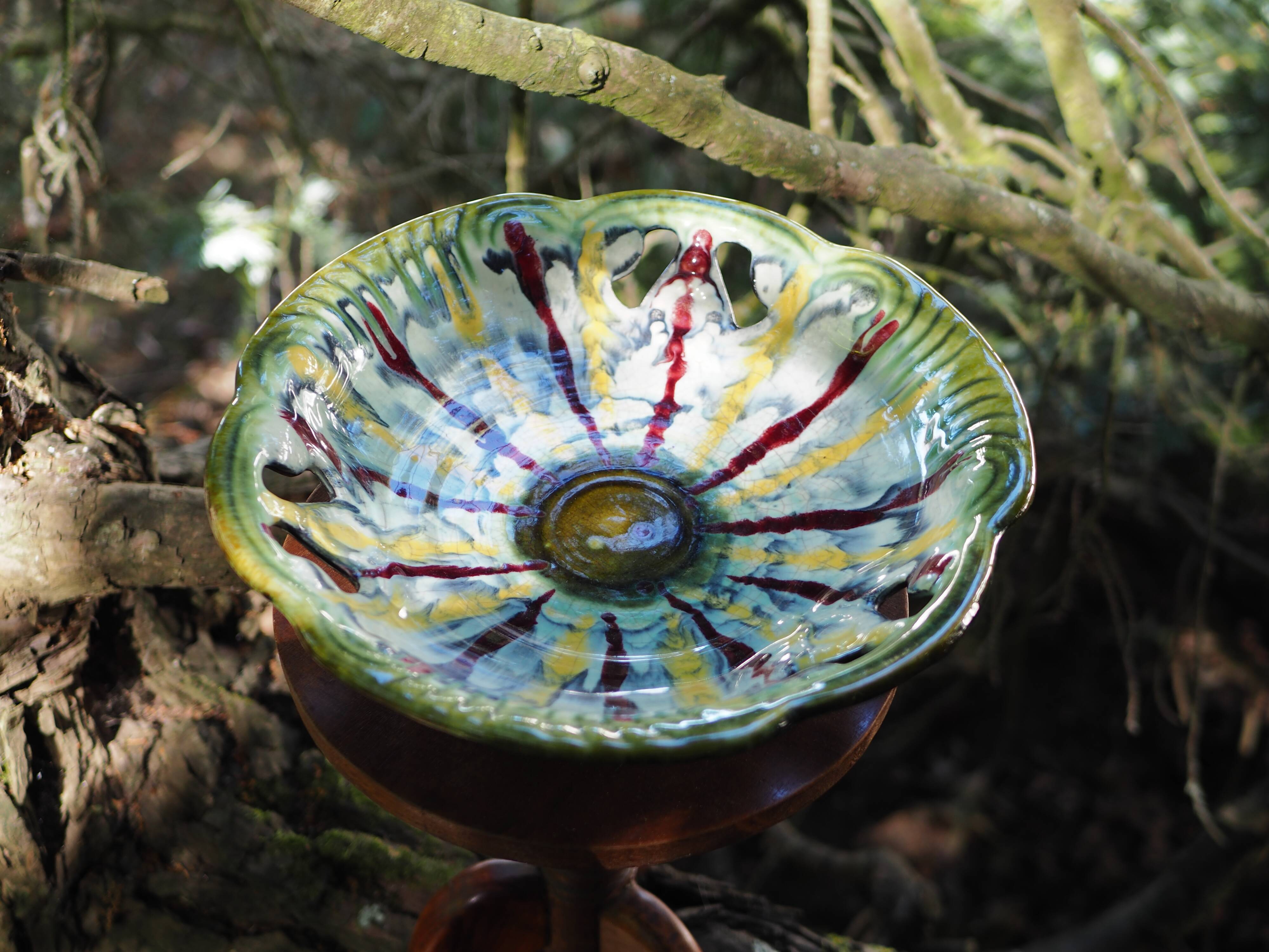 Coupe à fruit ajourée à coulures jaunes et rouges - Fat lava, West Germany - années 70