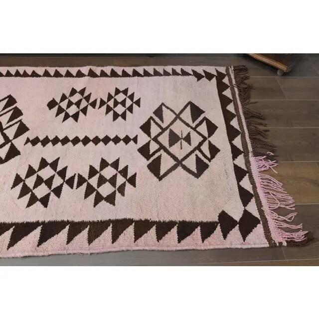 1970s vintage Turkish Oushak handmade wool cotton pink runner rug 98x317