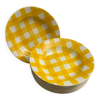 8 Assiettes creuses vintage – Sarreguemines – Motif à carreaux jaunes