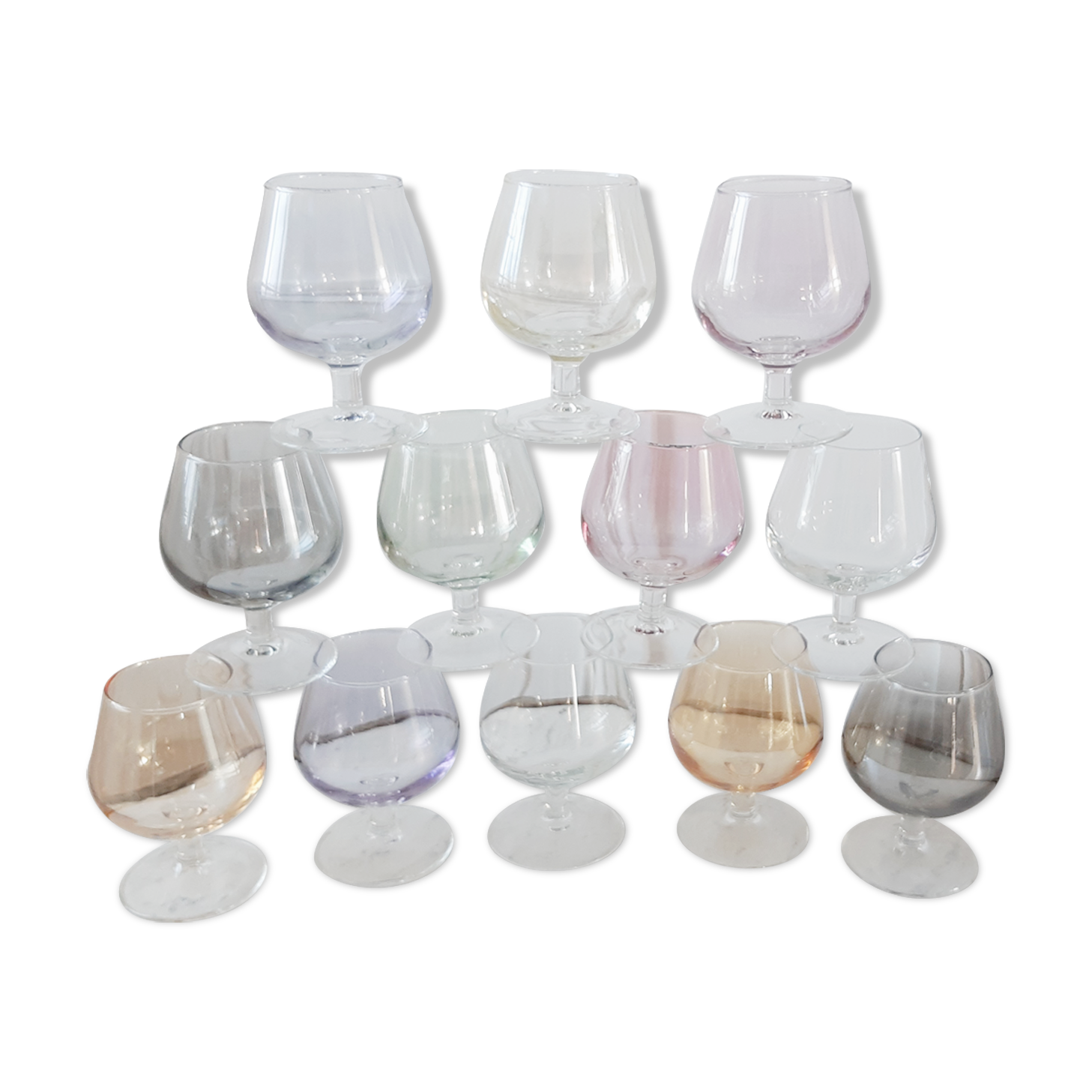 Set of 12 colored glasses to digestive / aperitif 60s