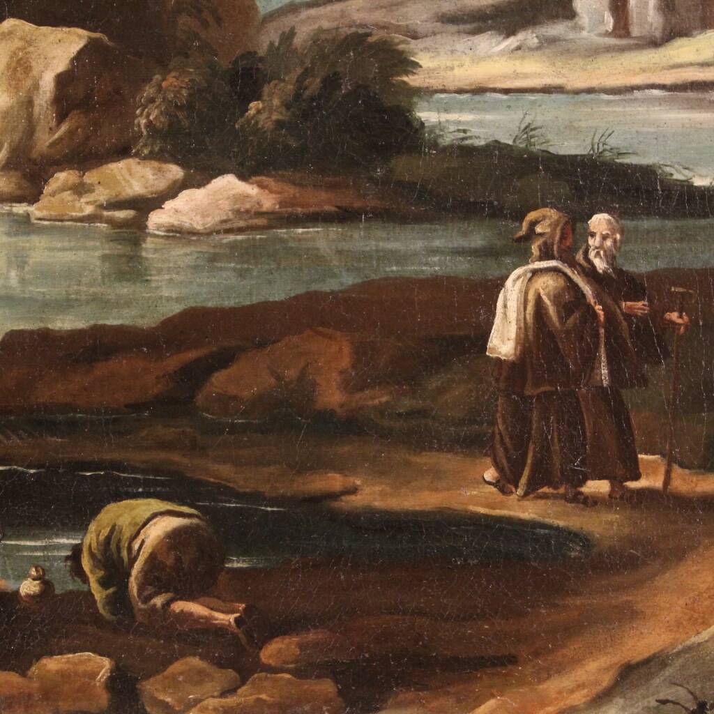 Antique painting landscape with characters from 18th century