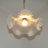 Vintage French Art Deco White Opaque Glass Pendant Light Clear Frilled Edge
