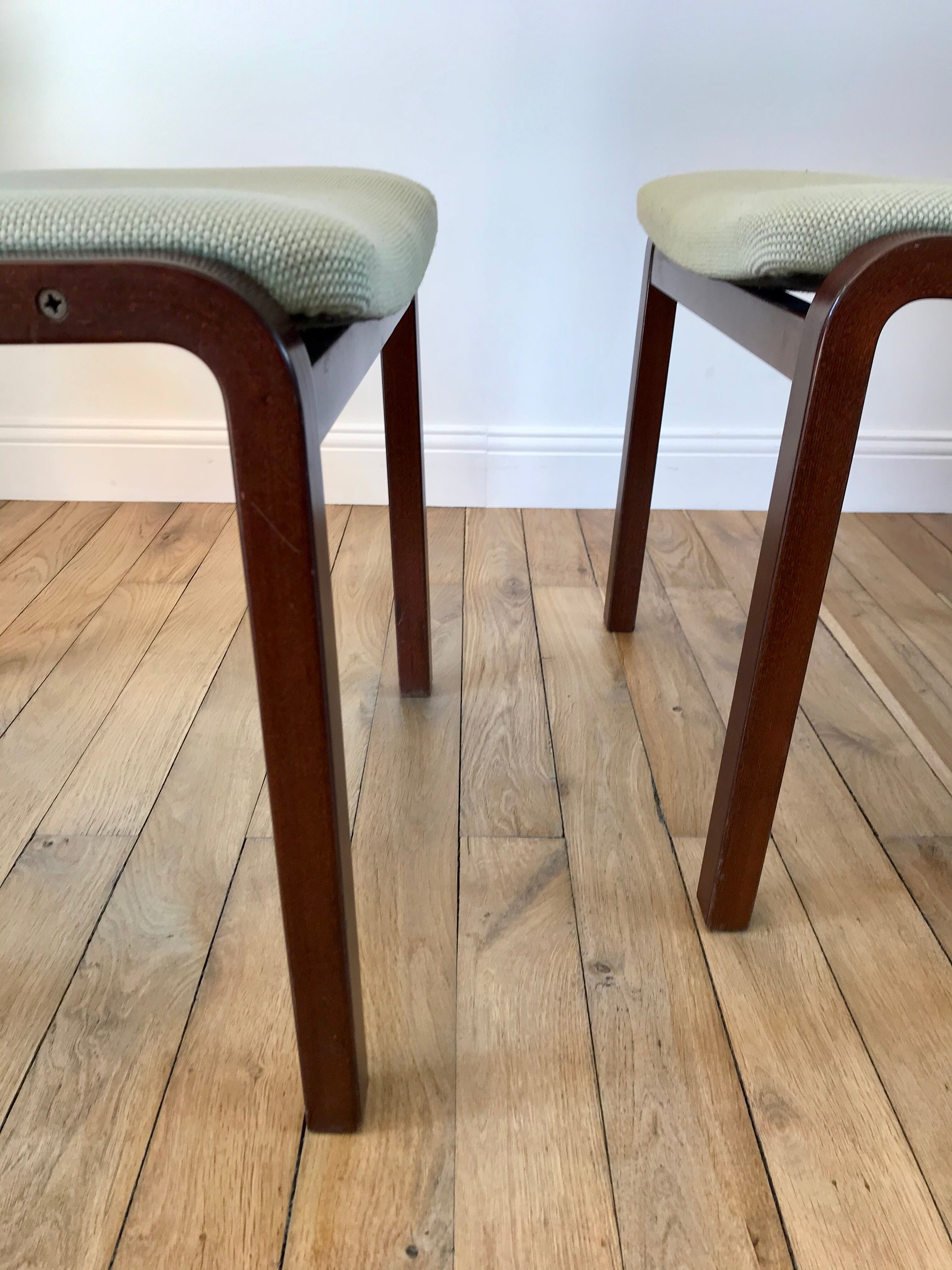 Pair of wooden armchairs and green and ecru fabrics 70s