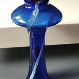 Long flared neck ball vase. Smoked scrolls in cobalt blue art glass, 30cm