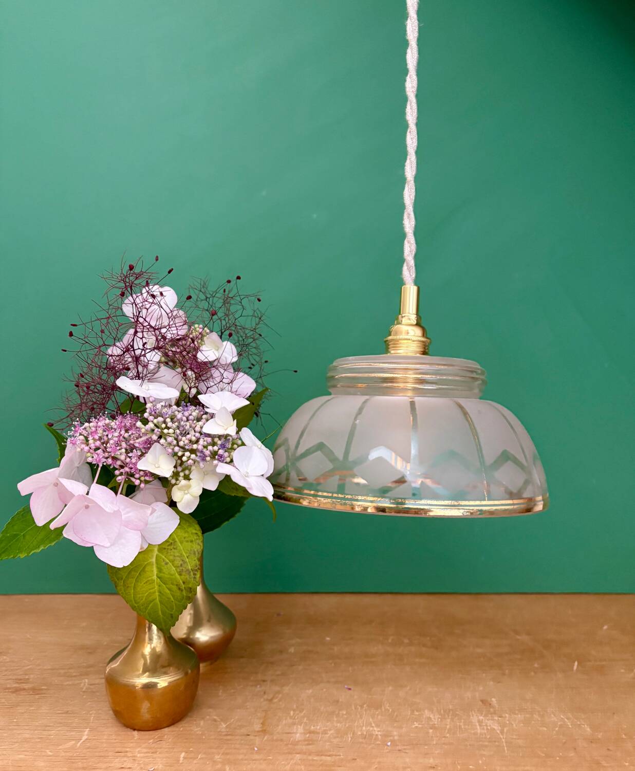Vintage pendant lamp shade in white and gold frosted glass