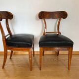 Set of Biedermeier Shovel Chairs in Walnut & Black Leather, Austria, 1820s