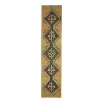 Vintage Turkish Hand-Knotted Wool Cotton Brass Runner Rug 95x432