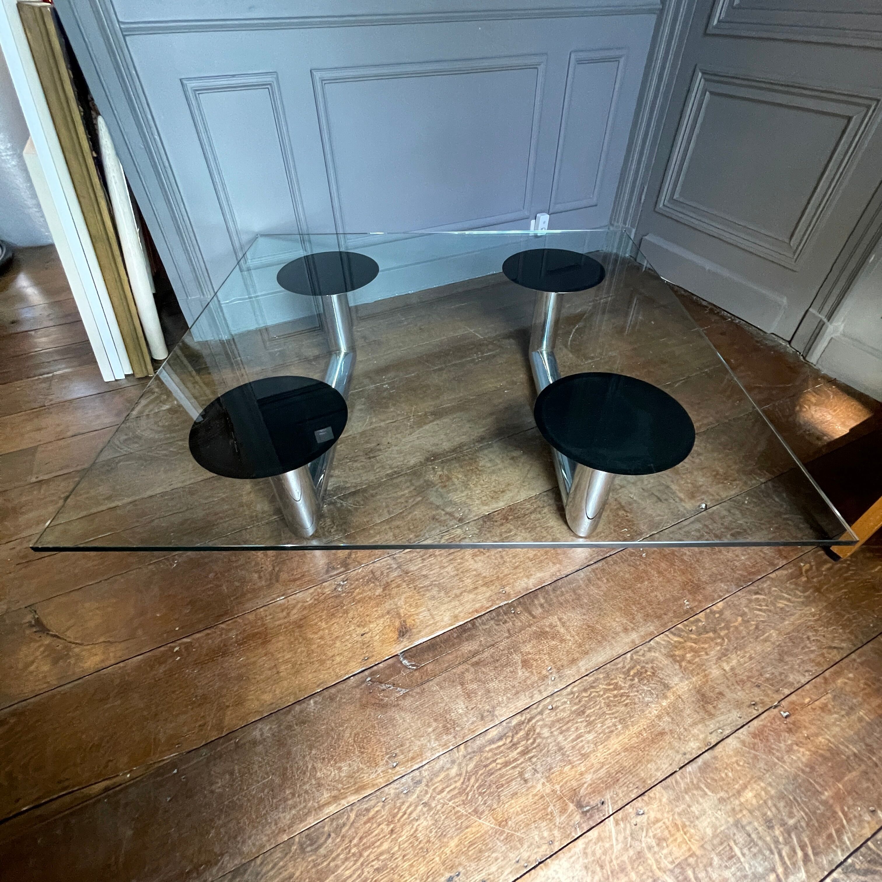 Large square coffee or coffee table in chromed steel, Italian design, ca 1970