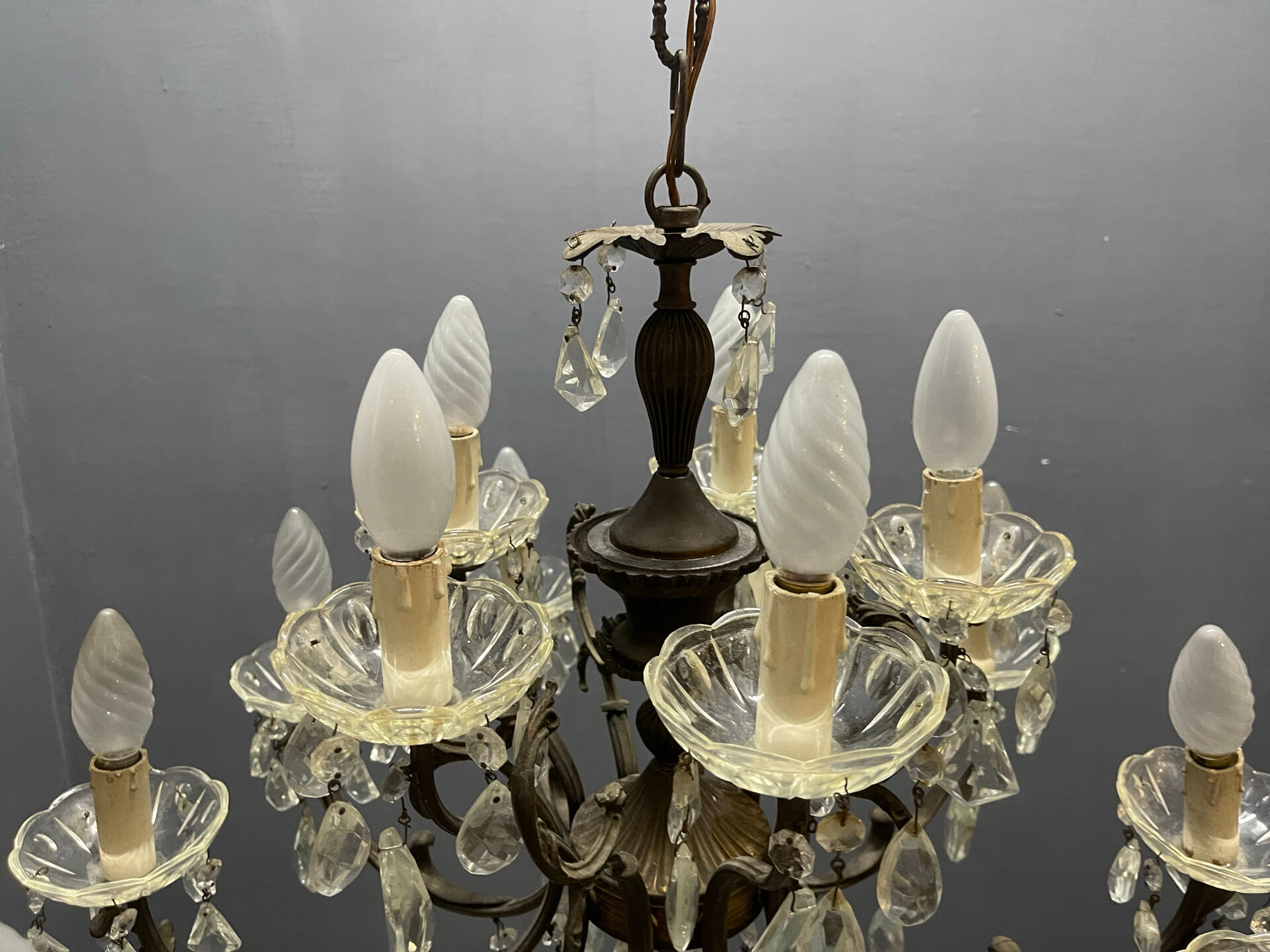 Vintage Bronze & Crystal Chandelier, 15 Lights, 1950s