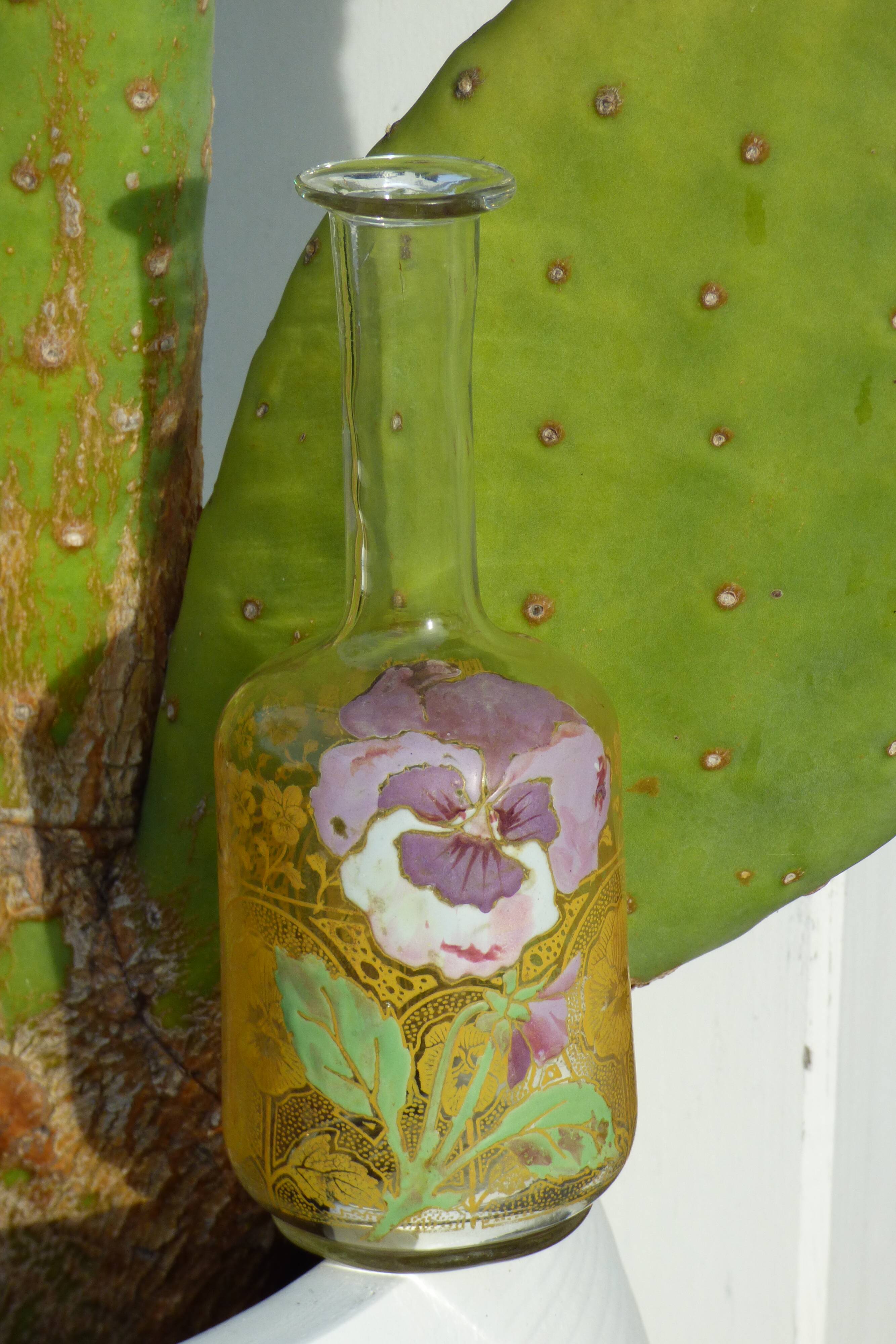 LEGRAS carafe, enamelled with pansy flower.
