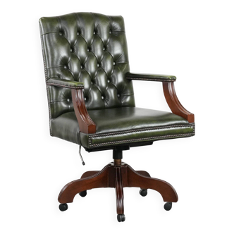 Dark green cow leather and wooden Chesterfield office chair English style