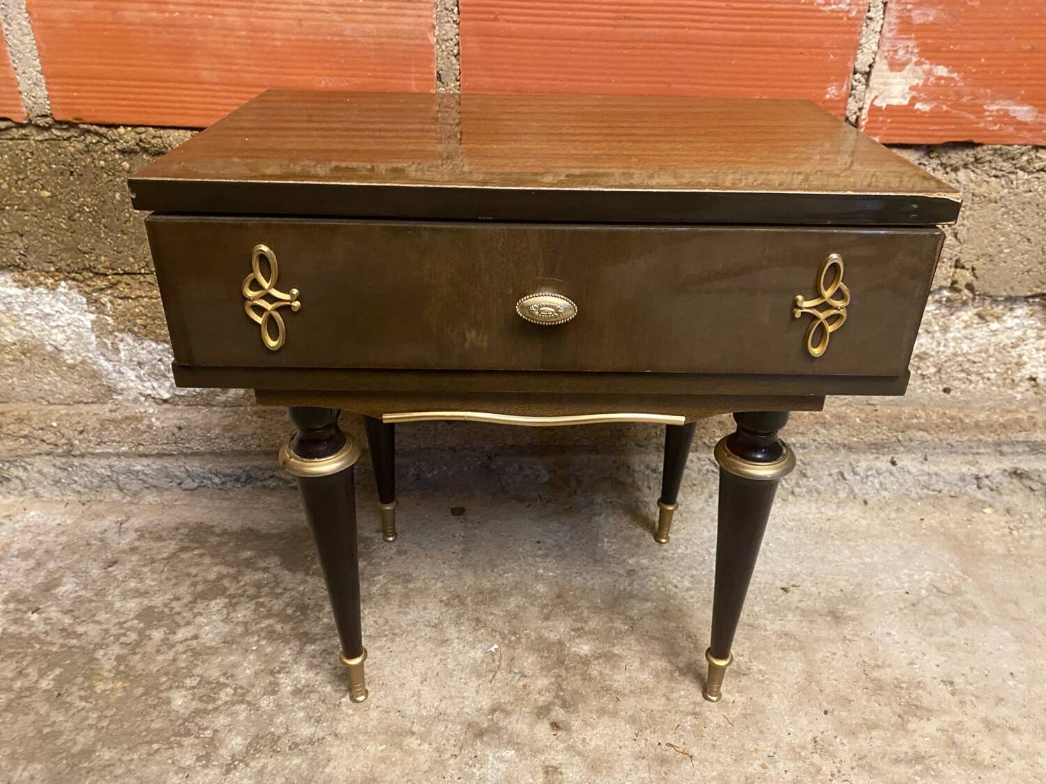 Antique Nightstand N252 Drawer Lacquered Wood Mid 20th Century Vintage