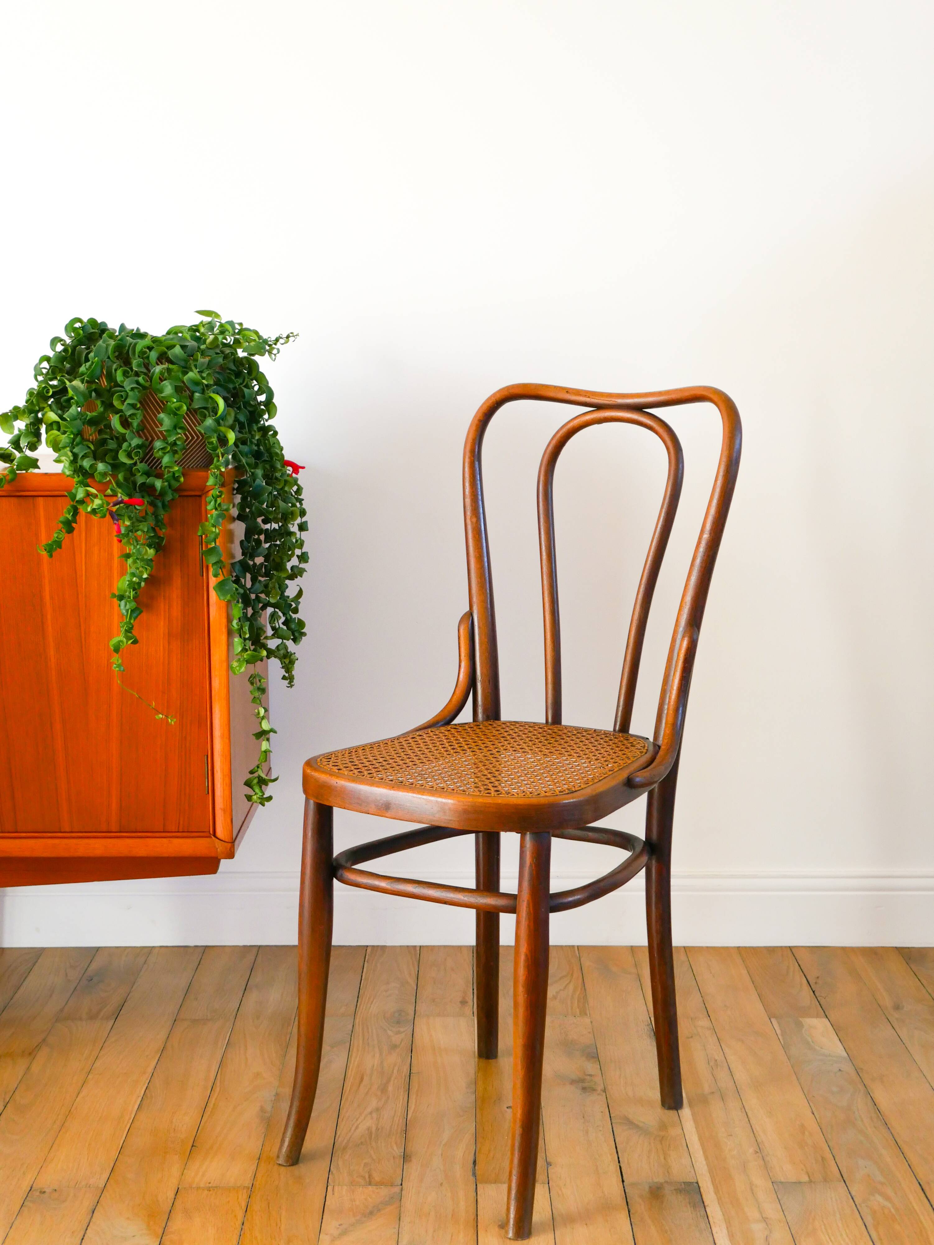 Set of 3 bistro chairs in wood and canework signed J. Kohn, Made in Austria, 20th century