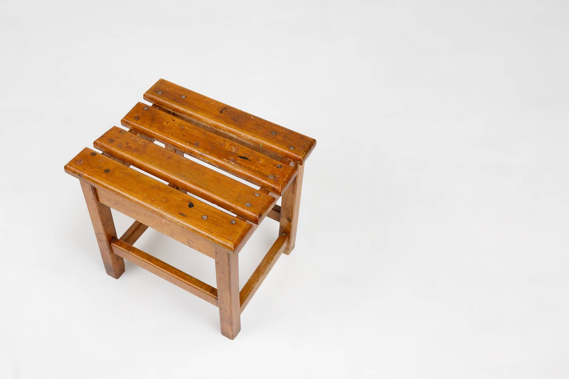 Industrial Brutalist Wooden Stool, Belgium, 1920s