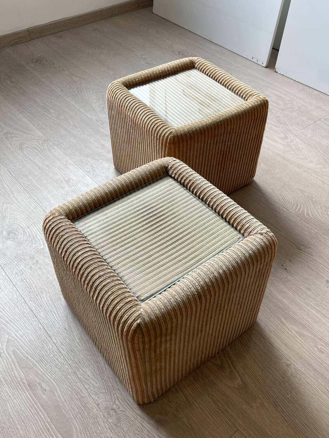 Pair of bedside tables, beige corduroy & glass