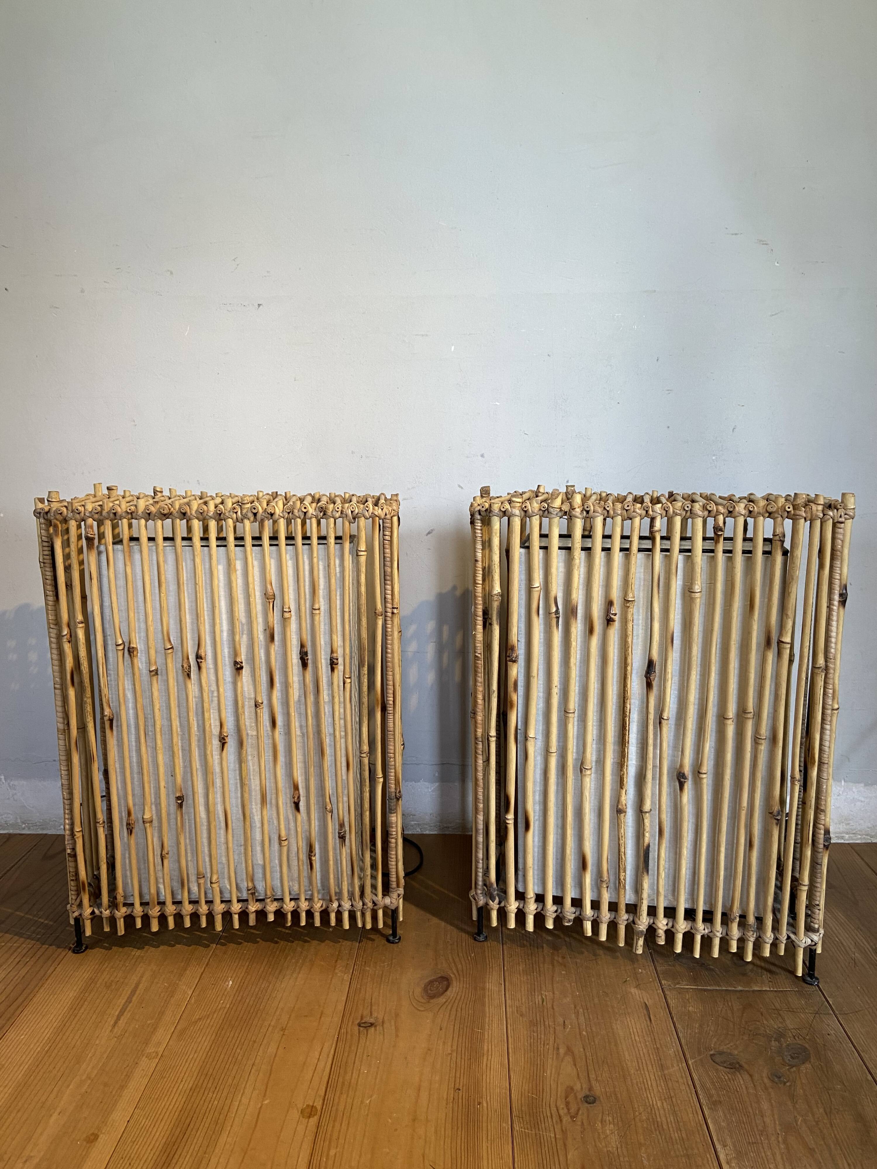 Pair of bamboo and canvas lamps year 70-80
