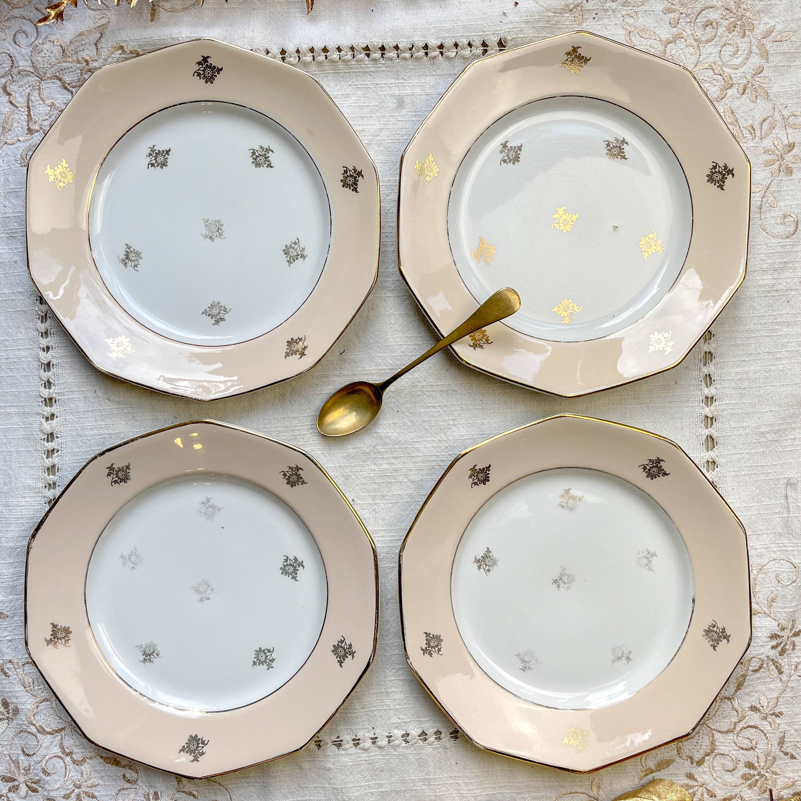 8 small vintage mismatched plates in French Limoges porcelain, Orchies - golden flower and bird motifs