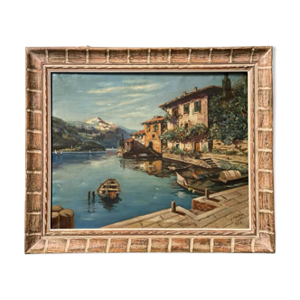 Old oil painting on canvas Gandria Switzerland Italy