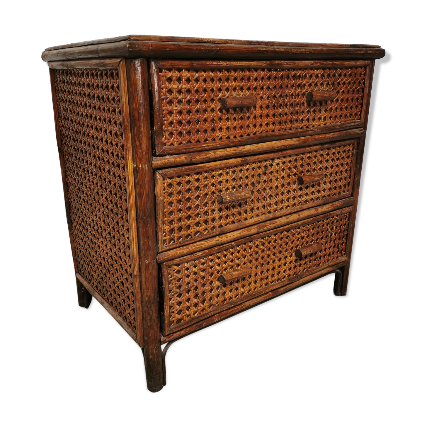 Commode vintage en rotin et cannage