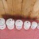 6 old spice pots in white and blue enamelled sheet metal