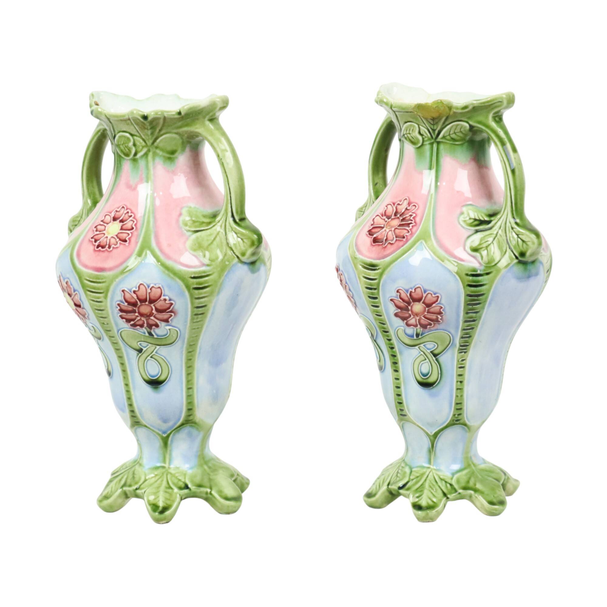 French Art Nouveau Majolica Earthenware Vases ca. 1900