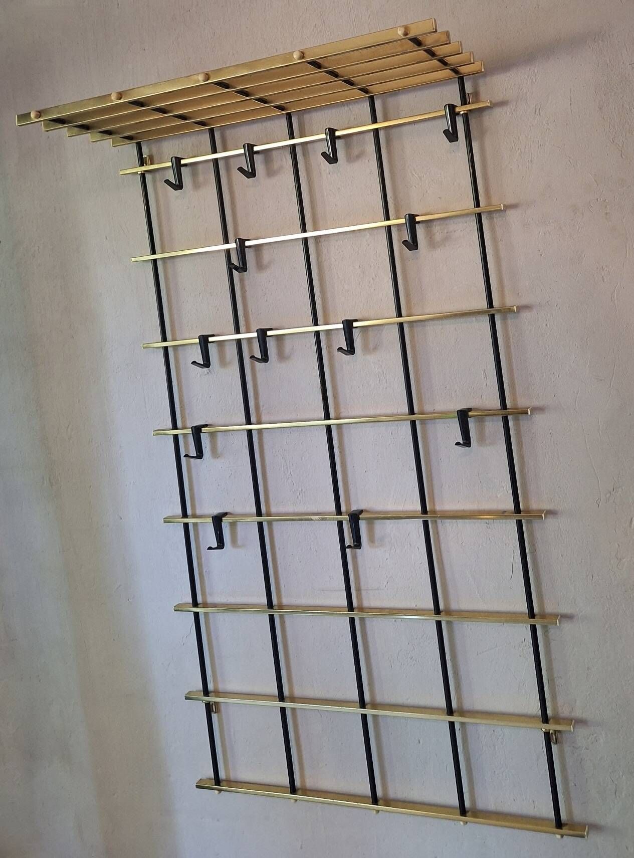 Wall mounted brass and metal coat and hat rack, 1960s