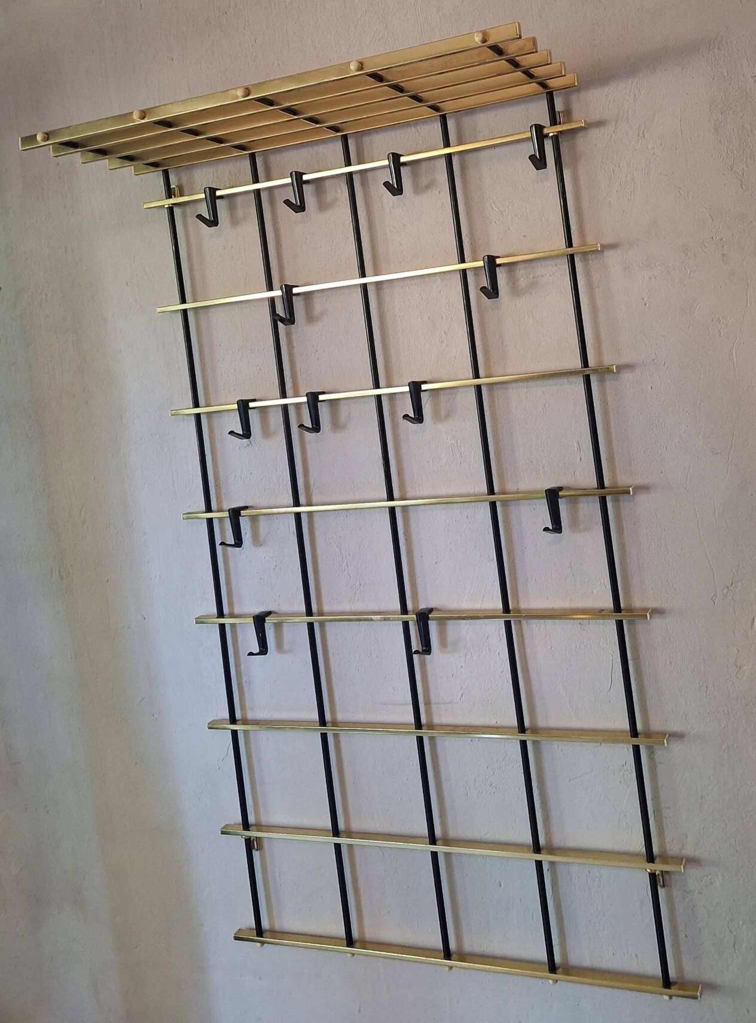Wall mounted brass and metal coat and hat rack, 1960s
