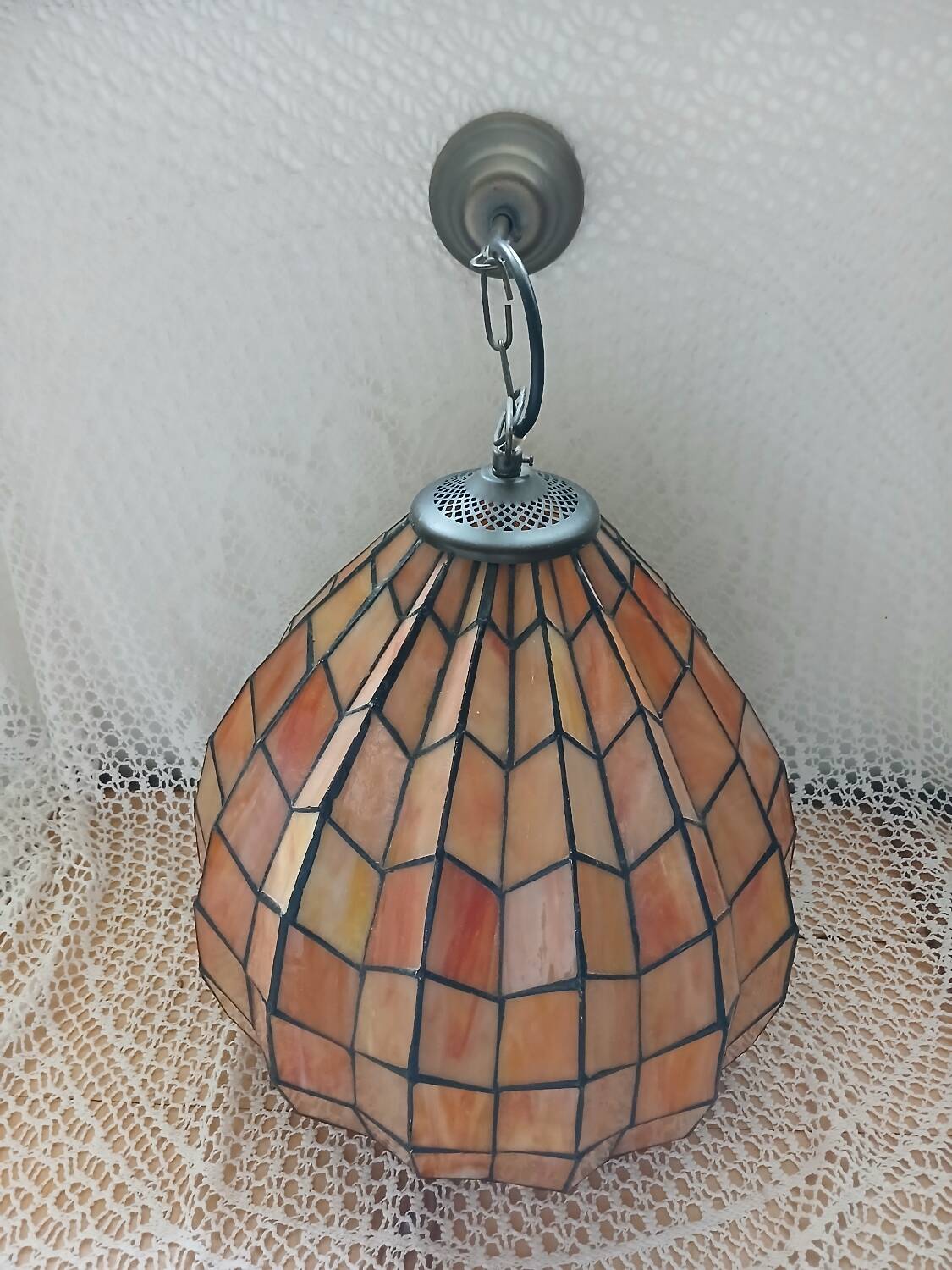 Antique stained glass and bronze pendant light