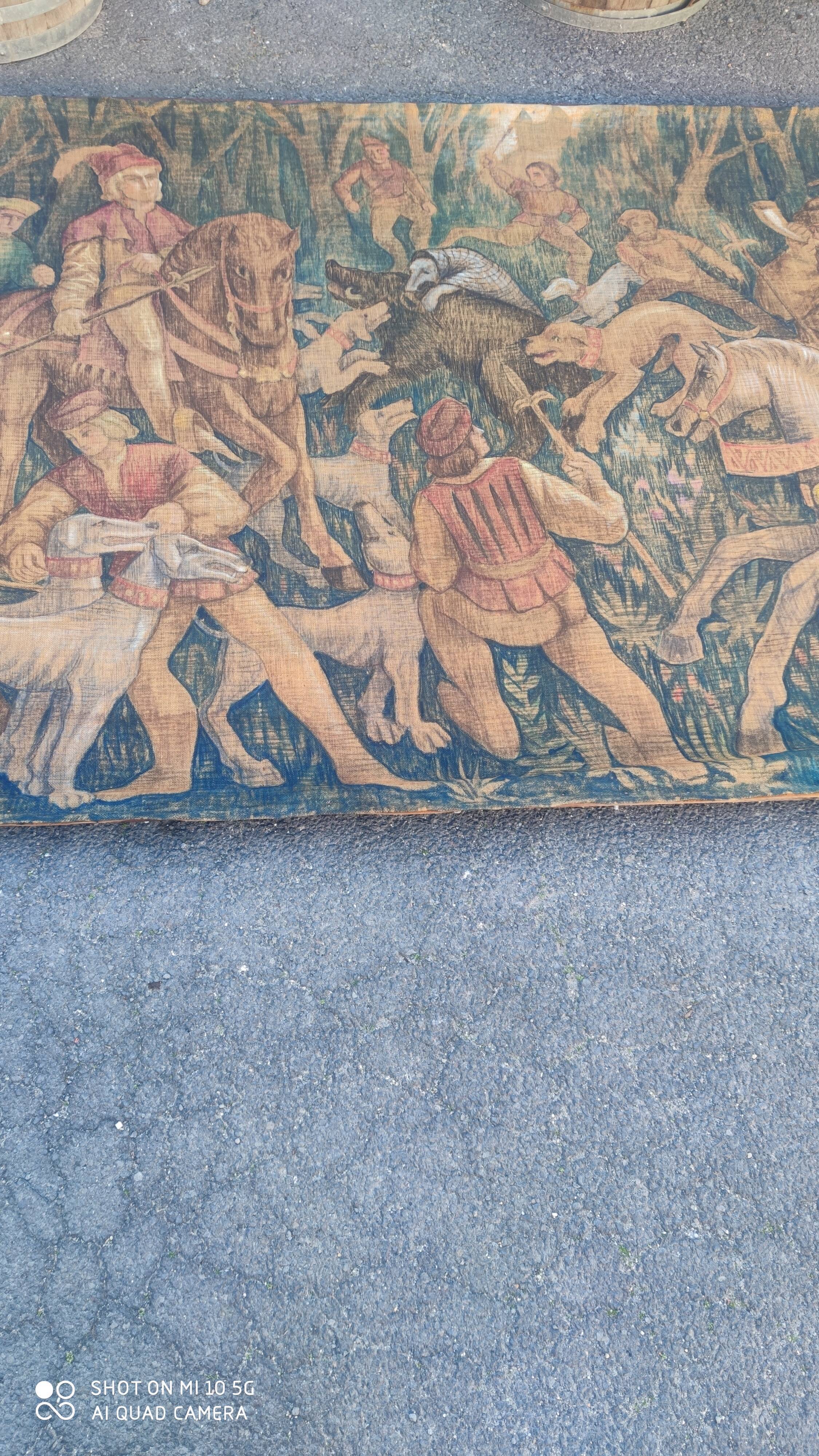 Painted burlap canvas depicting a medieval hunting scene circa 1950 by André Pierre BOURBIOUX, known as "Boul"