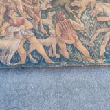 Burlap painted medieval hunting scene circa 1950 by André Pierre BOURBIOUX called "Boul"