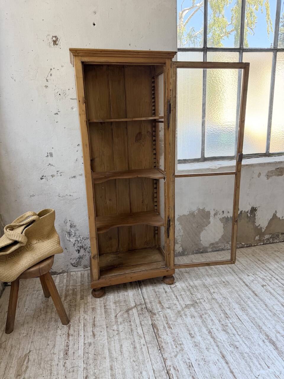 19th-century English pine display cabinet