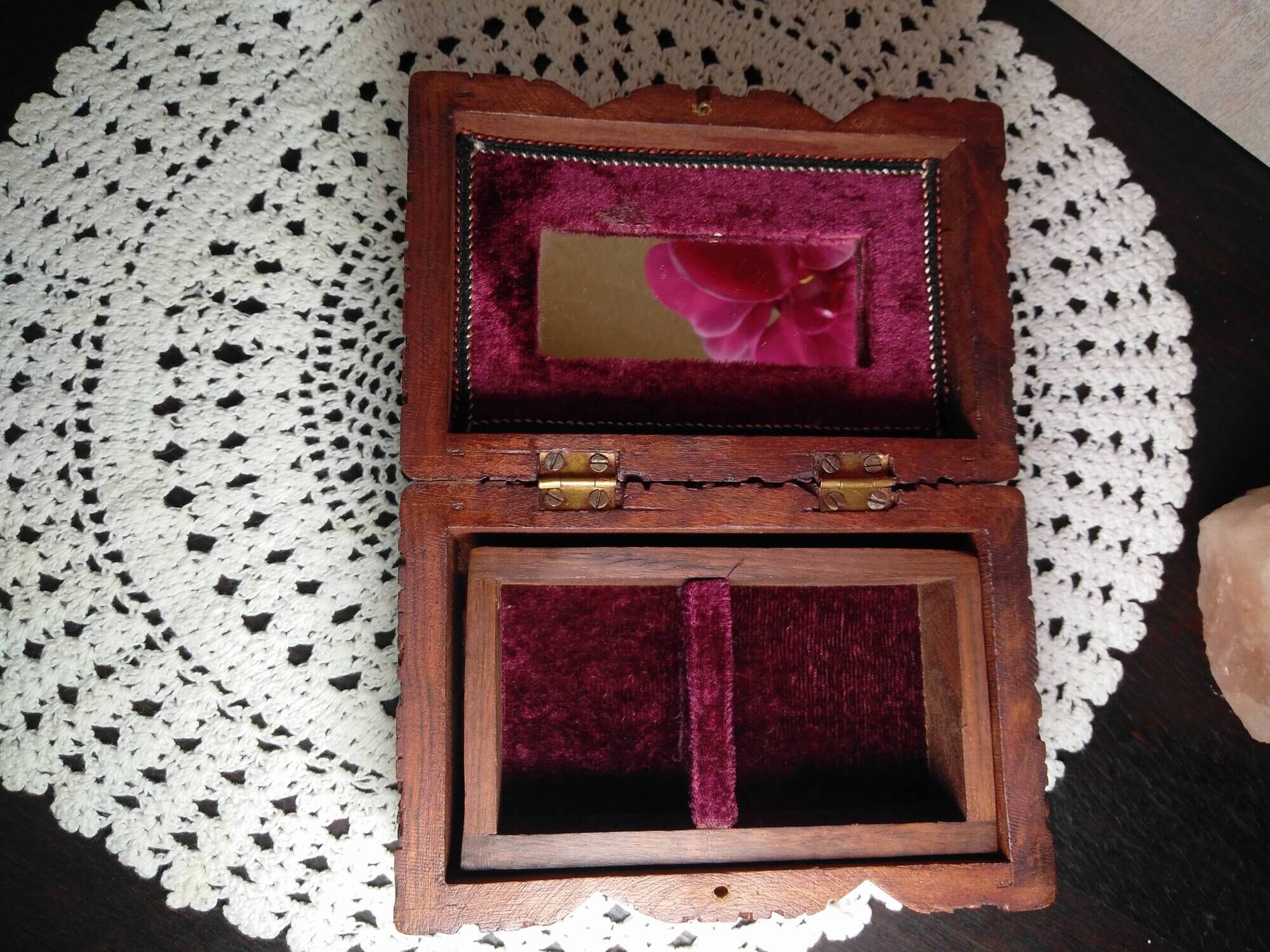 Ancient wooden jewelry box with mirror, engravings and brass décor,Asia India
