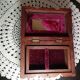 Ancient wooden jewelry box with mirror, engravings and brass décor,Asia India