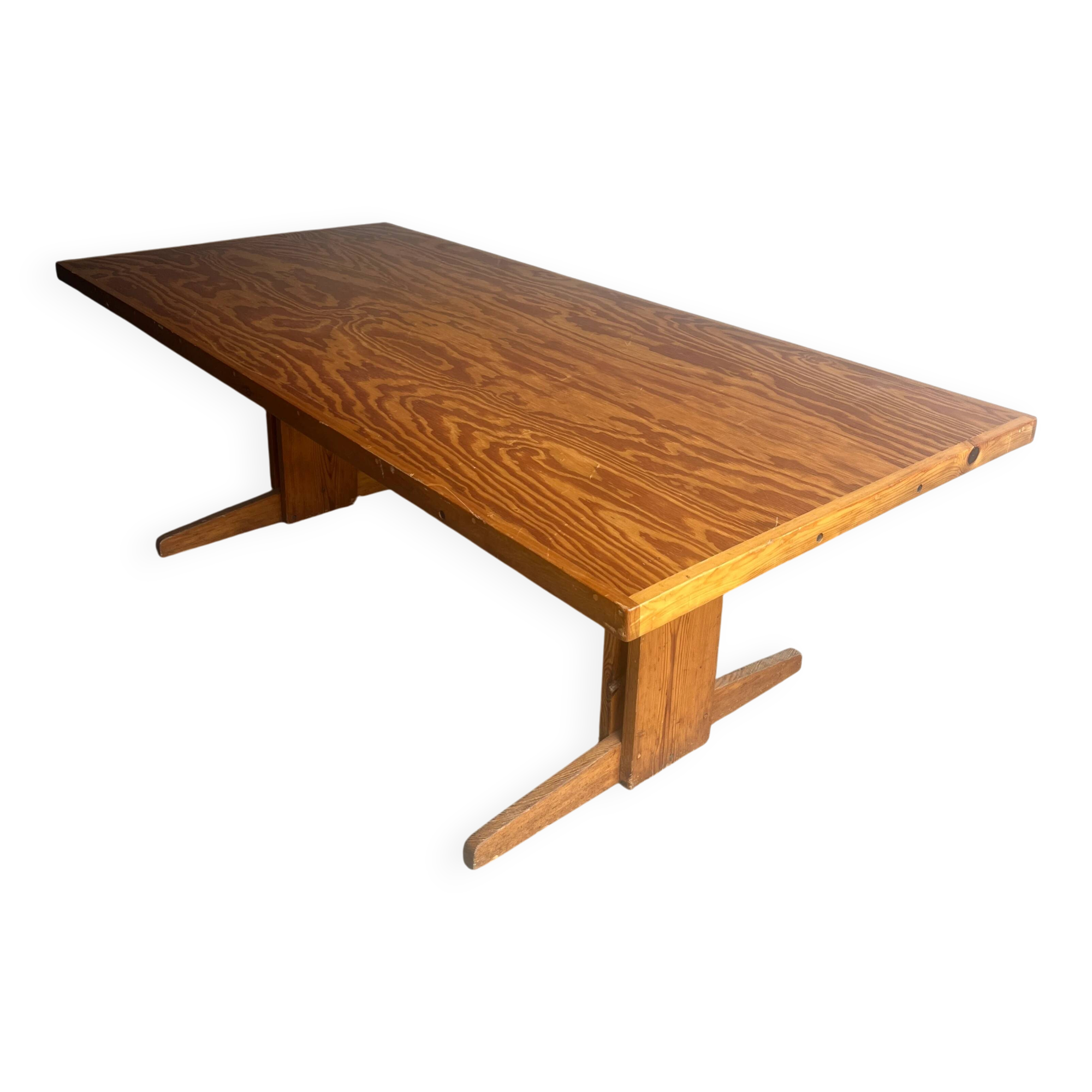 Brutalist Honey-Brown Pine Trestle Dining Table,  1970s France