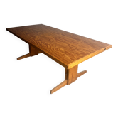 Brutalist Honey-Brown Pine Trestle Dining Table,  1970s France