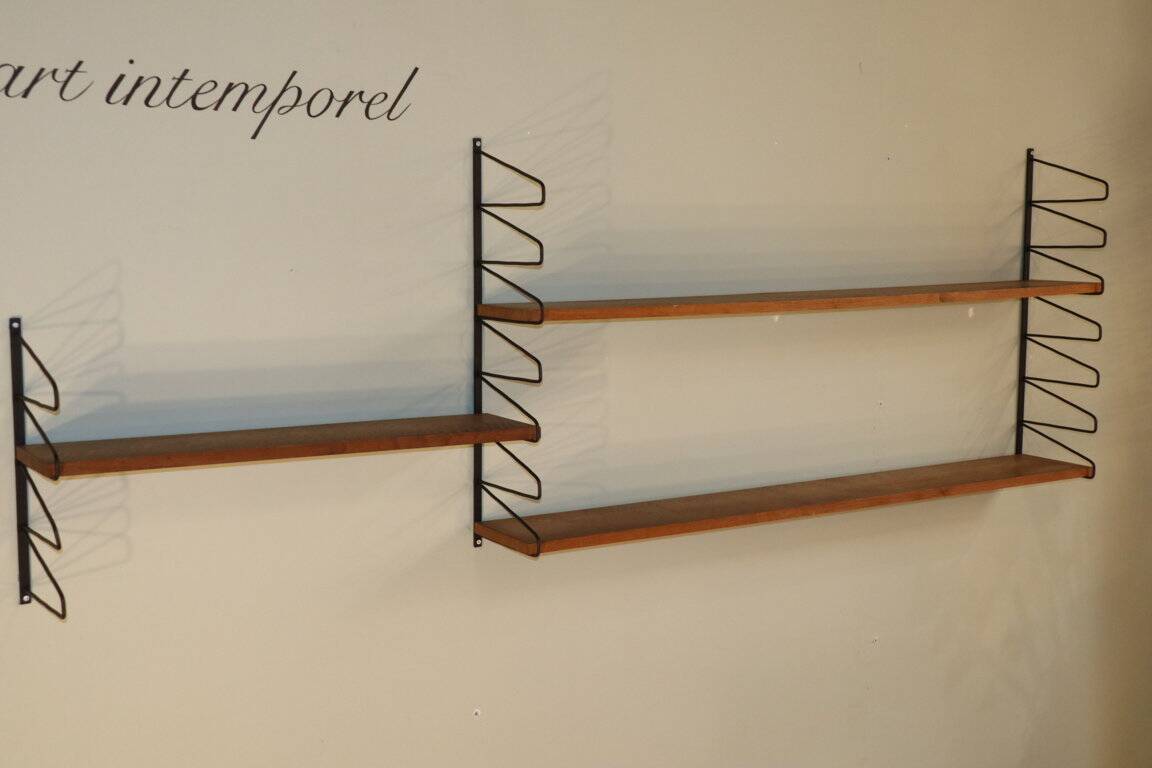 Vintage modular wall shelf in wood and metal, 1950s