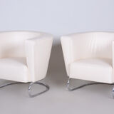 White leather Halabala armchairs made in 1930s Czechia - Fully restored