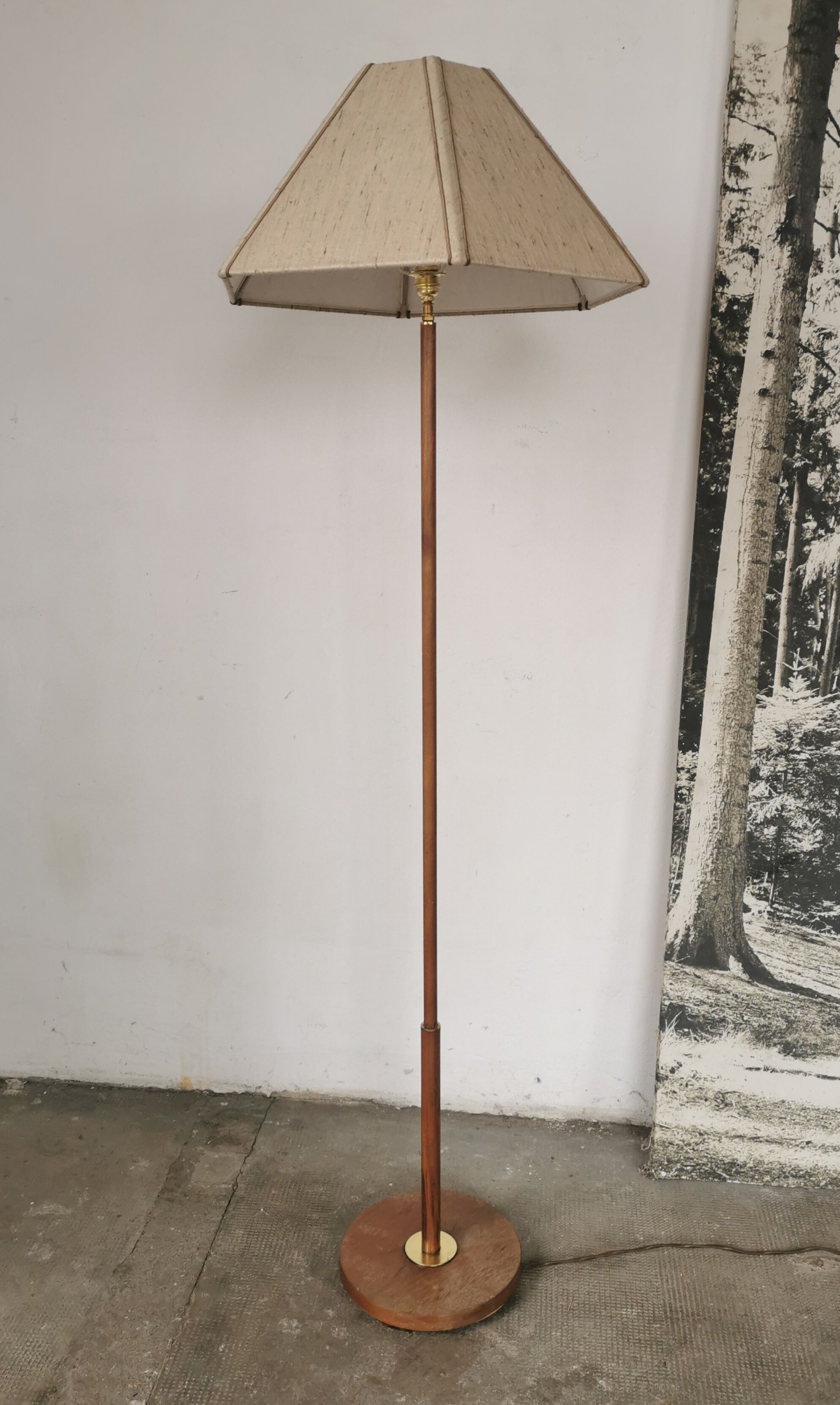 Scandinavian floor lamp 1960, wood and brass