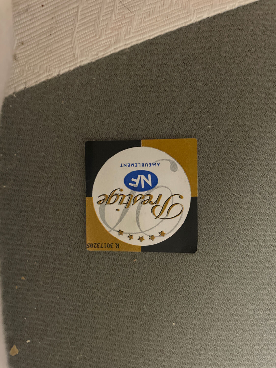 Armchair and 2 chairs set in Louis XVI style, light fabric, patinated wood.