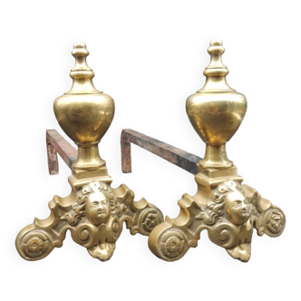 Pair of Fireplace Andirons in Brass Decor Cast Iron Marmousets Louis XIV Loft Style